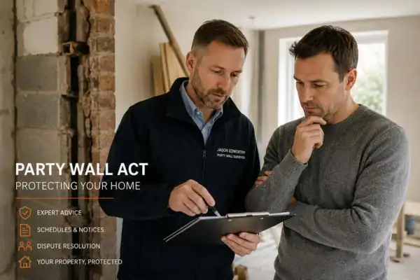 Party wall surveyor Crewe discussing extension plans with homeowner outside a UK semi-detached house.